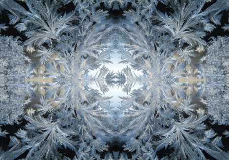 Frost formations display stunning detail on a windowpane, resembling a kaleidoscope at early morning light.の素材