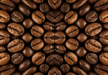Roasted coffee beans arranged in a kaleidoscopic pattern display diverse shades and textures, creating a visually captivating effect.の素材