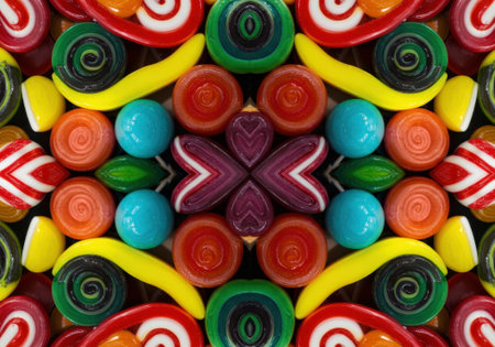 a vibrant and symmetrical kaleidoscope pattern created from an assortment of colorful swirling lollipops and hard candies.の素材