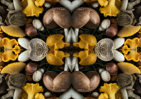 A symmetrical kaleidoscope pattern showing a variety of colorful mushrooms and fungi, highlighting their diverse shapes and textures.の素材