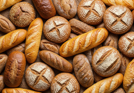 Different types of loaves of bread are artistically arranged on a wooden surface, showing diverse shapes and textures of baked goods.の素材