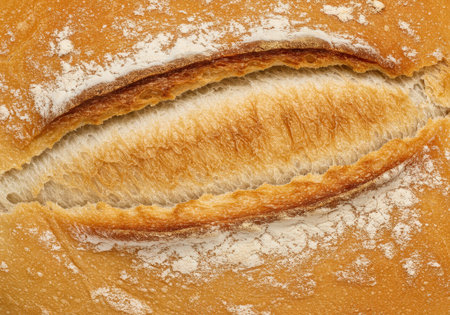 The crust of freshly baked white bread shows a golden brown texture with flour dust, highlighting its soft and warm interior ready for enjoyment.の素材