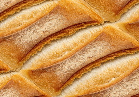 Close-up of a white bread crust showing its golden-brown texture and fluffy interior, perfect for baking inspiration or culinary art.の素材