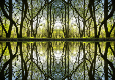 An abstract background featuring a symmetrical kaleidoscope pattern created from reflections of budding trees in calm water.の素材