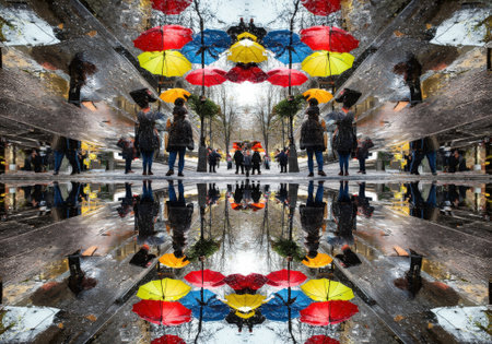 A vibrant kaleidoscope pattern created from the reflections of colorful umbrellas on a wet city street with people.の素材