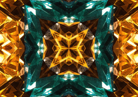 A symmetrical kaleidoscope pattern showing the intricate facets and vibrant colors of various gemstones.の素材