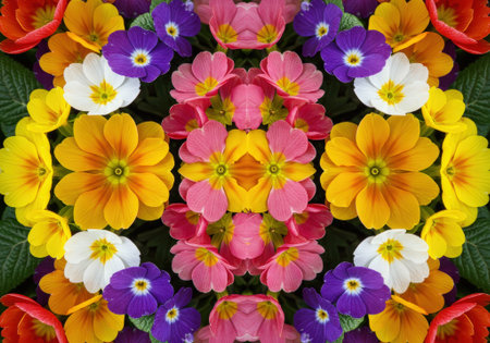 Primrose blooms create a stunning kaleidoscope pattern with vibrant colors, highlighting nature's beauty and floral diversity.の素材