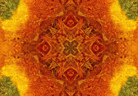 Explore a vibrant kaleidoscope pattern featuring warm spice colors creating a mesmerizing visual experience.の素材