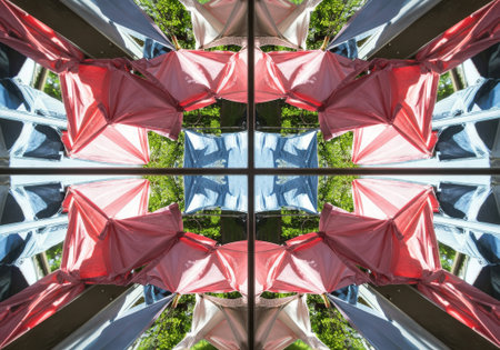 Brightly colored clothing hangs outdoors, creating a vivid reflection that resembles a kaleidoscope pattern under sunlight.の素材