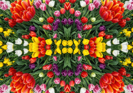 Colorful tulips in various shades create a stunning kaleidoscope effect in a vibrant spring field. Nature's artistry is on full display.の素材
