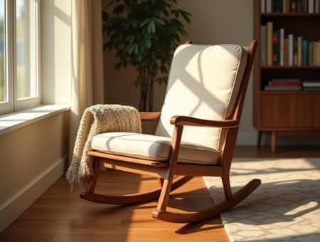 A classic wooden rocking chair with soft cream cushions and a throw blanket in a sunny room.の素材