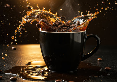 A high-speed photograph capturing roasted coffee beans falling into a black mug filled with coffee, creating a dynamic splash.の素材