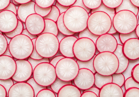 Vibrant red and white slices of fresh radishes cover a clean surface, showing their crisp texture and appealing color contrast.の素材