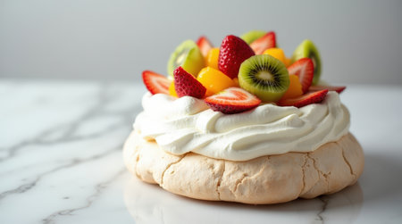This pavlova showcases a crisp meringue shell adorned with whipped cream and vibrant fresh fruits.の素材