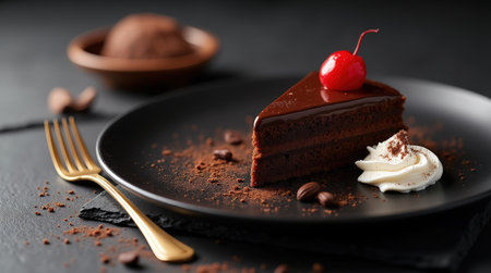 A slice of sachertorte sits elegantly on a black plate, adorned with a cherry and whipped cream, inviting dessert lovers to savor its rich flavor.の素材