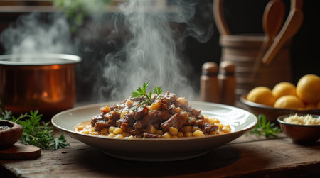 A steaming plate of tafelspitz features tender boiled beef served with flavorful accompaniments in a cozy, rustic setting.の素材