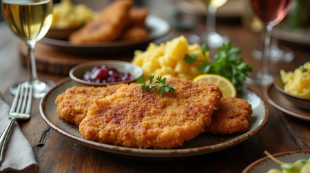 A golden crispy wiener schnitzel is plated alongside sides of mashed potatoes and garnishes. This rustic dish invites a hearty meal experience.の素材