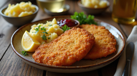 Enjoy a delicious golden crispy wiener schnitzel on a rustic ceramic plate, accompanied by lemon, potato salad, and dipping sauce.の素材