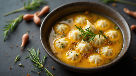 Delicate handmade dushbara floats in aromatic broth, garnished with fresh herbs and spices, offering a traditional culinary experience.の素材