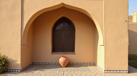A traditional arched window features a dark wooden mashrabiya screen, complemented by a terracotta pot at the base, showing casing cultural architecture.の素材
