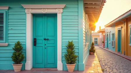 A stunning turquoise wooden door with intricate white trim stands in a quiet Caribbean alley at sunset, flanked by potted plants.の素材