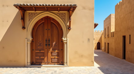 Exploring a grand wooden door adorned with detailed carvings in Bahrain, showing exquisite craftsmanship and cultural heritage.の素材