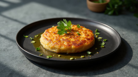 A beautifully golden trinxat made from andorran cabbage and potato is artfully presented on a dark plate, garnished with fresh herbs.の素材