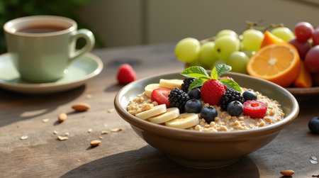 On a rustic wooden table, a nourishing bowl of oatmeal is beautifully topped with bananas, berries, and accompanied by fresh fruit and coffee.の素材