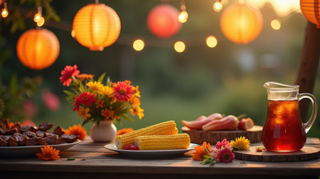 A vibrant summer festival features string lights illuminating a rustic table adorned with flowers and tasty treats as dusk approaches.の素材