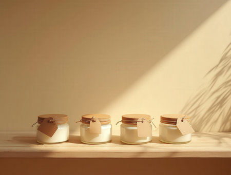 A row of labeled glass jars filled with skincare creams sits neatly on a wooden shelf illuminated by soft, warm light.の素材