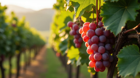Clusters of ripe grapes hang gracefully from a lush grapevine, basking in the warm glow of sunlight during late afternoon.の素材