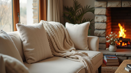 A warm and inviting living room features a soft beige sofa adorned with knitted throw blankets, creating a perfect space for relaxation.の素材
