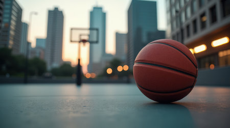A sleek basketball court in the city showcases a ball positioned near the hoop as the sun sets, creating a vibrant urban atmosphere.の素材