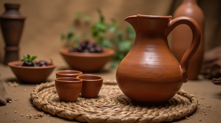 A traditional North African setup showcases a clay jug filled with kumis beside clay cups and decorative bowls on a woven mat.の素材