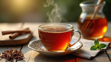 A steaming cup of rooibos tea rests on a rustic wooden table, surrounded by cozy elements, creating a tranquil atmosphere perfect for relaxation.の素材