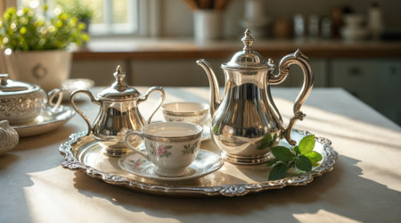 A beautifully arranged silver teapot and matching teacups sit gracefully on a refined tray in a cozy kitchen setting.の素材