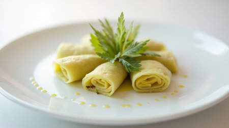 Chilean humitas are neatly arranged on a reflective white plate, showing their steamed corn dough wrapped in corn husks, garnished with herbs.の素材