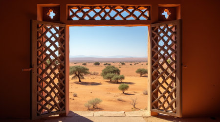 Intricate latticework frames a clay window that opens to the expansive Kalahari Desert, showcasing dry shrubs and distant mountains under a clear sky.の素材