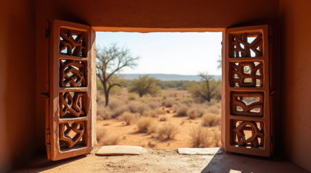 A clay window featuring detailed lattice opens up to the expansive, sunlit landscape of the Kalahari Desert in Botswana.の素材