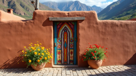 A colorful wooden door adorned with intricate patterns brightens a rustic adobe house in the Andes, framed by blooming flowers under the mountains.の素材