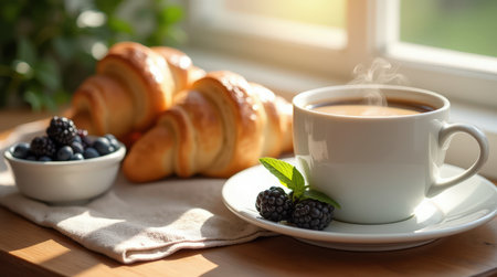 A warm breakfast table features golden croissants beside a steaming coffee cup, enjoying a sunny morning. Fresh berries add a vibrant touch.の素材