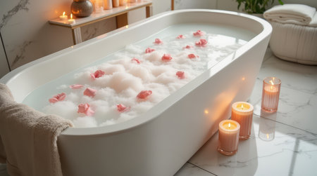 A beautiful bathroom features a white freestanding tub overflowing with fluffy foam and pink petals, surrounded by glowing candles and soft decor.の素材