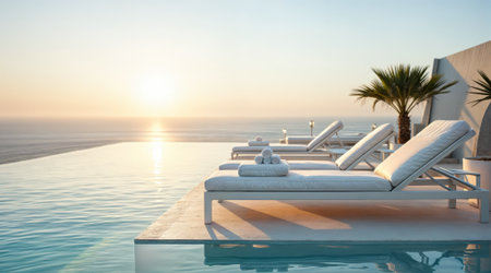 An infinity pool reflects the sunset, offering stunning ocean views and stylish lounge chairs for relaxation.の素材