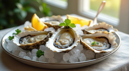 Fresh oysters elegantly arranged on ice with lemon and herbs, showcasing a luxurious seafood setup for a delightful dining experience.の素材