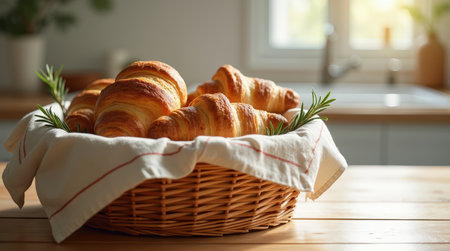 Brightly lit kitchen features a wicker basket brimming with golden-brown croissants, inviting warmth and comfort to the space.の素材