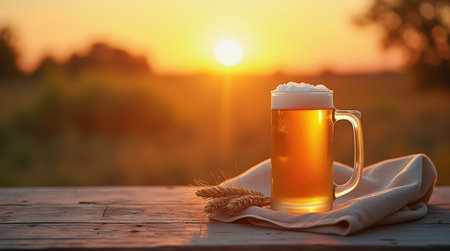 A frosted mug of amber beer rests on a wooden table as the sun sets over a tranquil outdoor landscape, creating a relaxing atmosphere.の素材