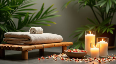 The tranquil spa area features a bamboo bench adorned with towels, soft candles, and scattered petals, surrounded by lush greenery.の素材