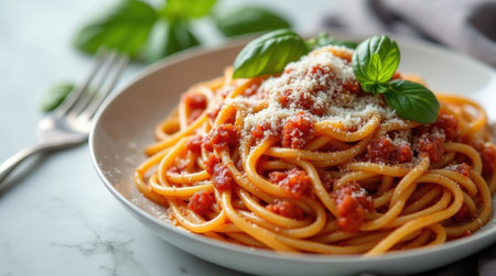 Perfectly cooked spaghetti is tossed in a rich tomato sauce and topped with fresh basil. Ideal for a satisfying meal.の素材
