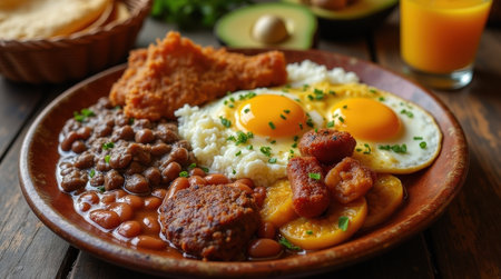 Bandeja paisa is beautifully arranged with beans, rice, eggs, avocado, and fried plantain on a wooden table, highlighting Colombian cuisine.の素材