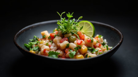 Costa Rican ceviche is beautifully arranged with fresh white fish, colorful vegetables, and garnishes, served in a black bowl with lime.の素材